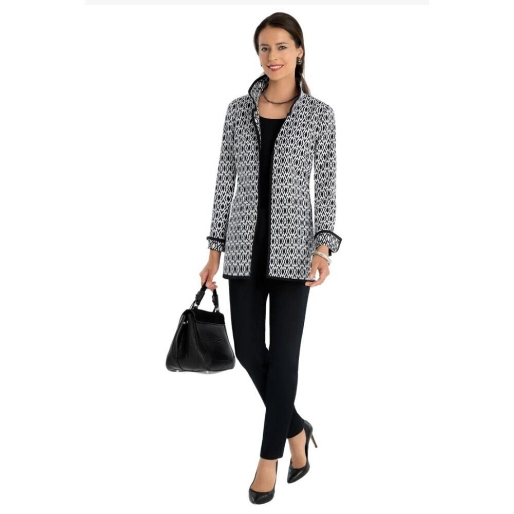 Nina MClemore JACQUARD DIAMOND CAR LONG SLEEVE BLACK COAT BLAZER JACKET SIZE 1